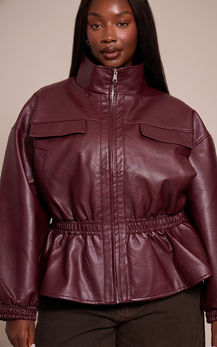 Plus Chocolate Plum High Neck Cinched Waist Faux Leather Jacket image 1