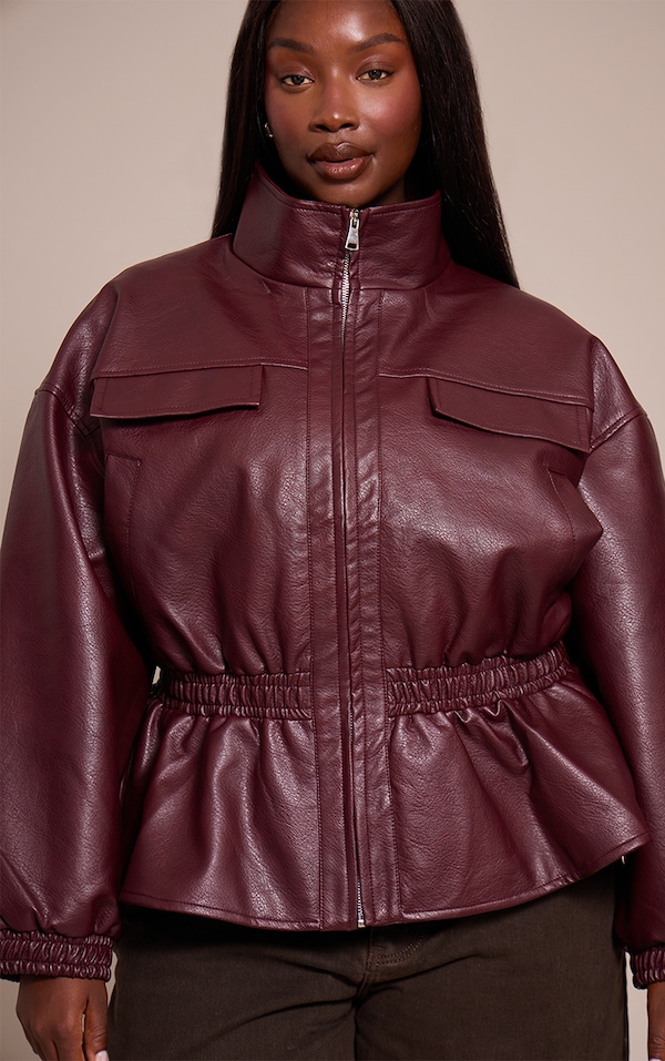 Plus Chocolate Plum High Neck Cinched Waist Faux Leather Jacket
