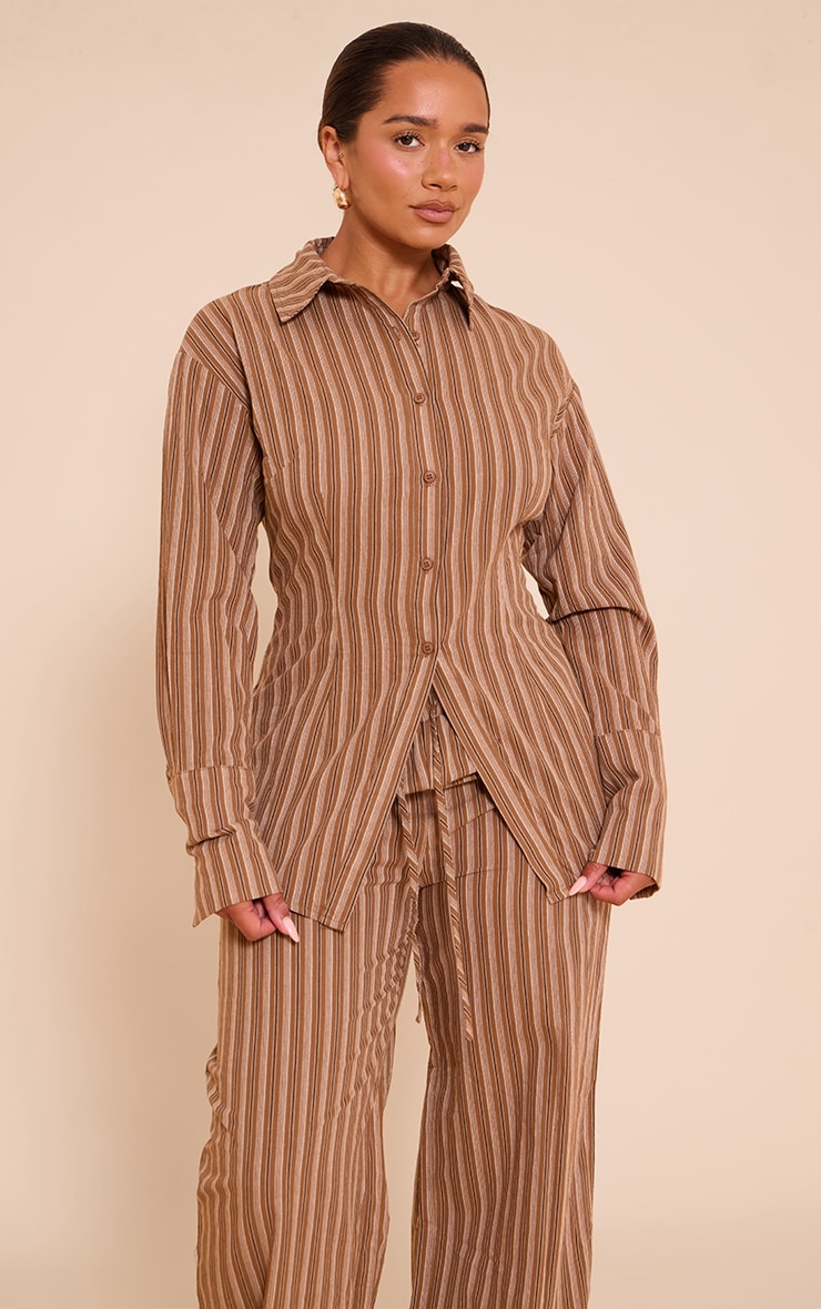 Shape BROWN Striped Lace Up Cinched Back Button Front Shirt image 1