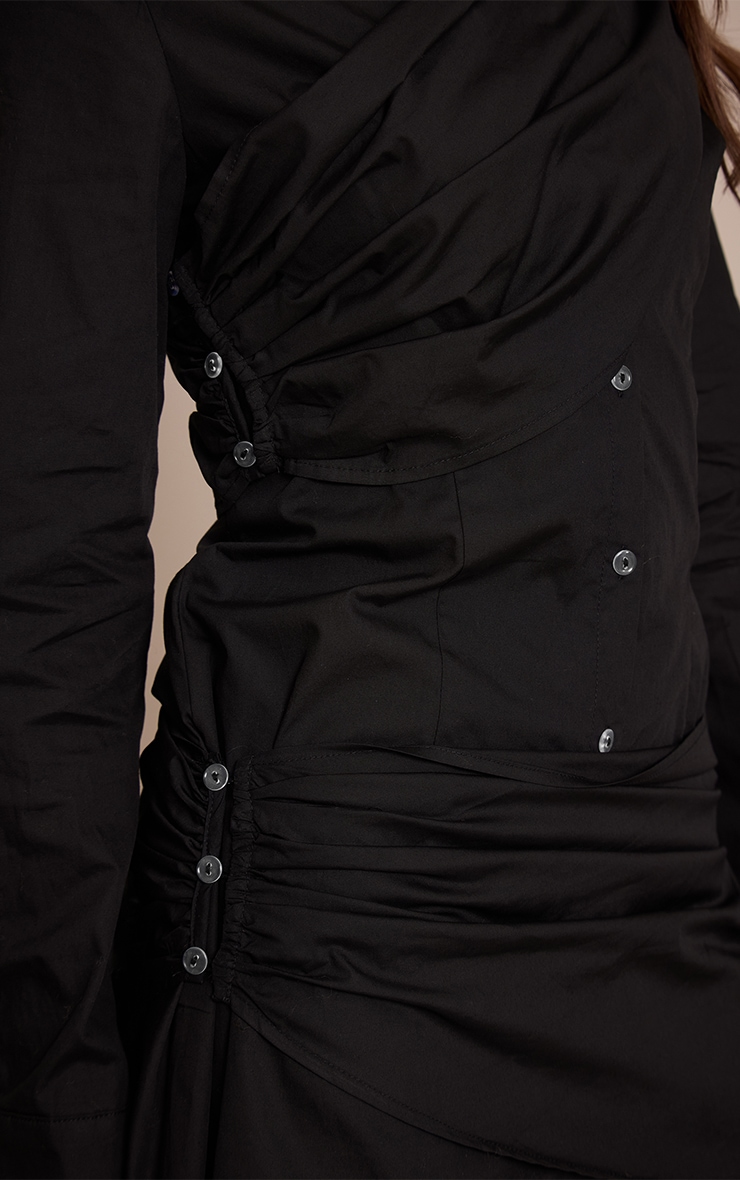 Black Cotton Poplin Wrap Detail Long Sleeve Shirt Dress image 4