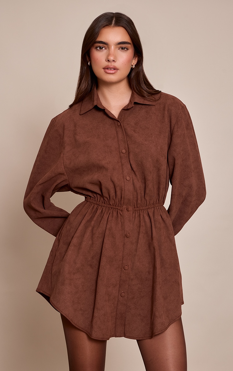 Chocolate Faux Suede Button Down Cinched Waist Mini Dress
