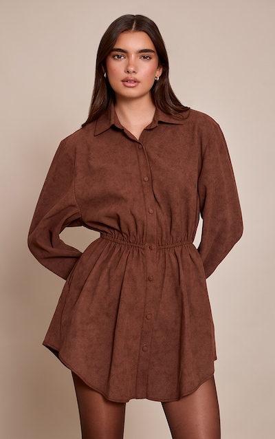 Chocolate Faux Suede Button Down Cinched Waist Mini Dress