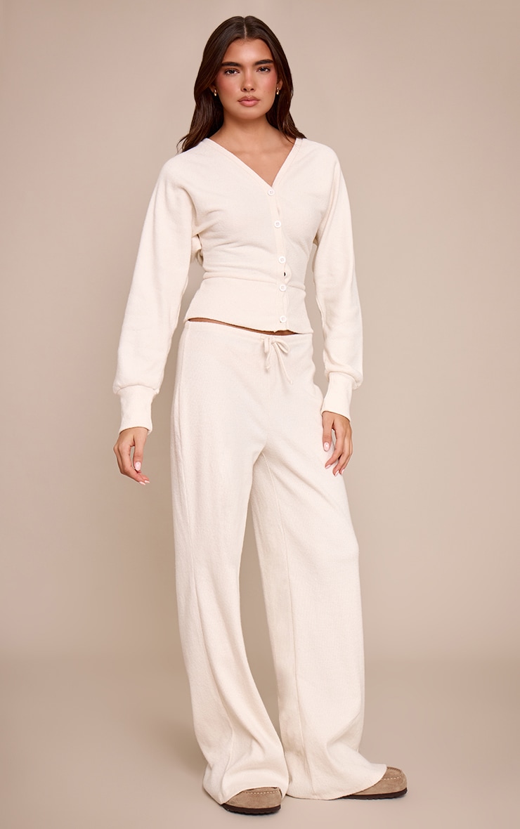 Ecru Soft Ribbed Low Rise Wide Leg Pants image 1