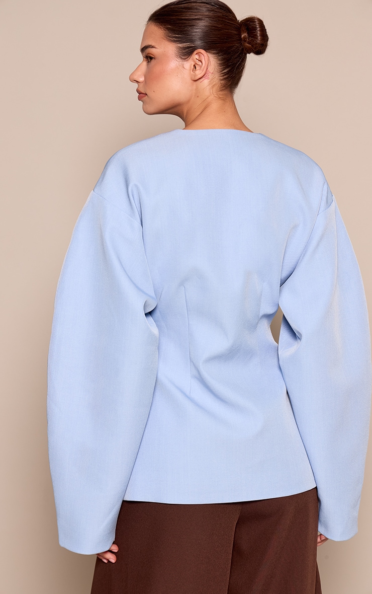 Pale Blue Cocoon Sleeve Cinched Waist Pocket Blazer image 2