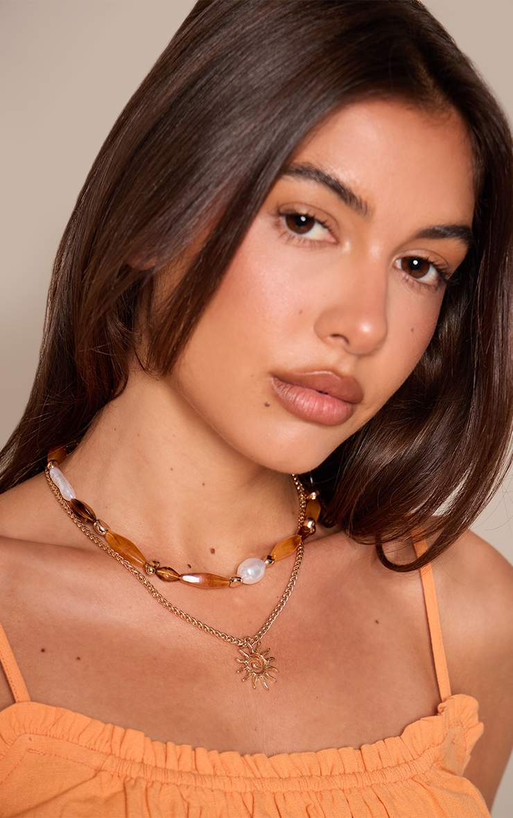 Amber Beaded Layered Chain Sun Charm Necklace