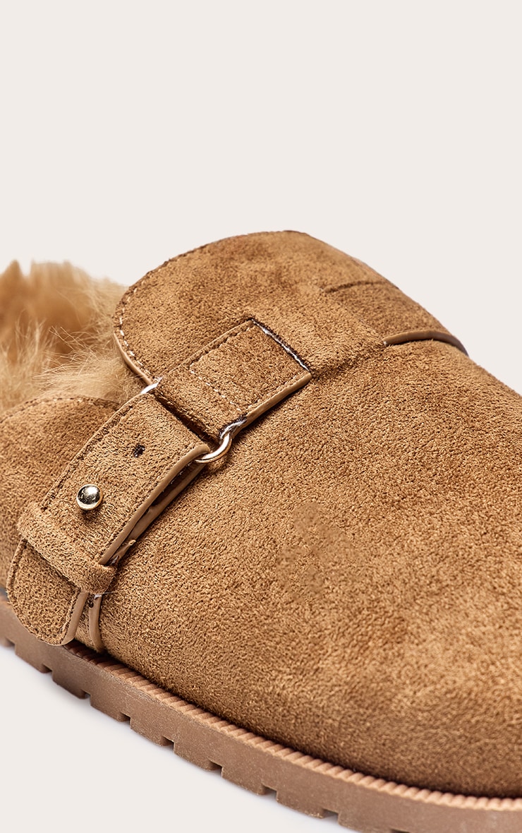 Chestnut Faux Suede Faux Fur Lined Buckle Mules image 5