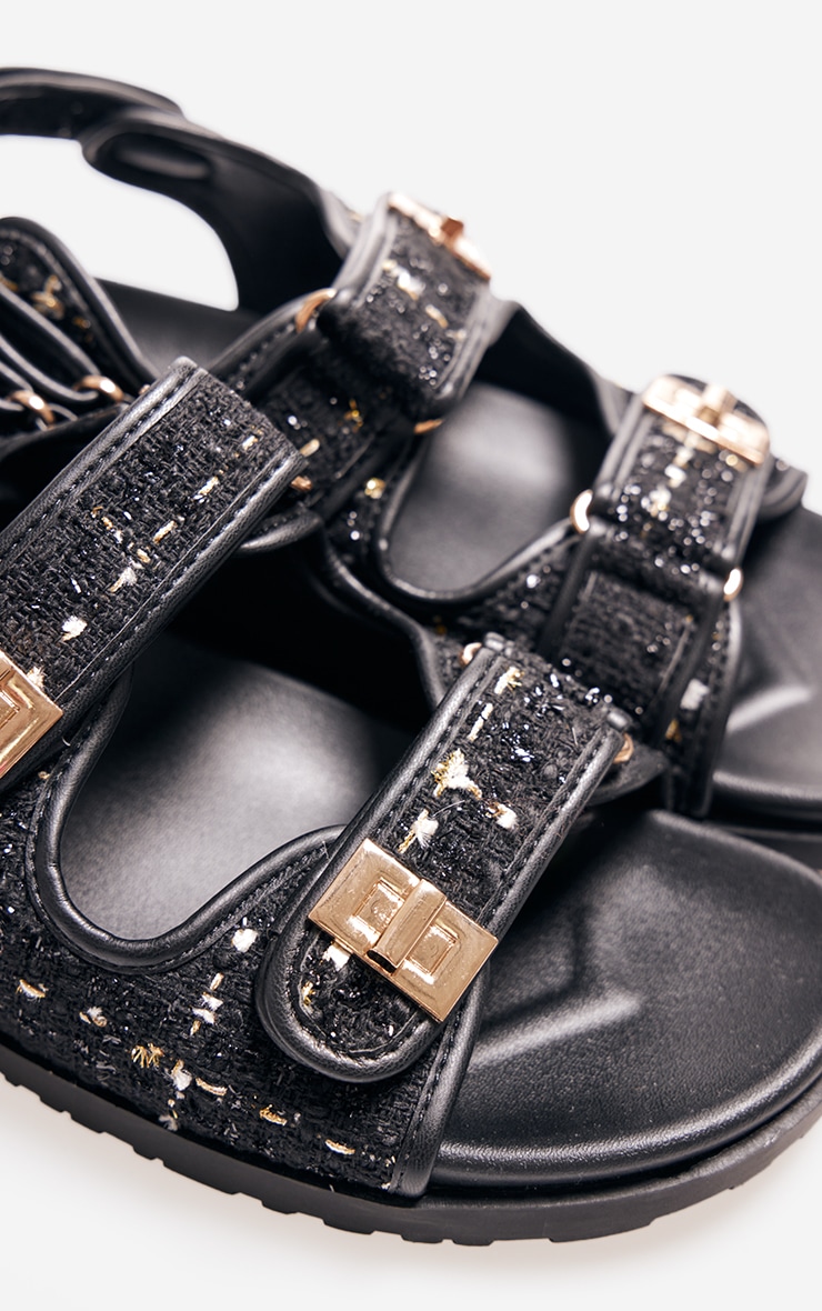Black Textured Round Toe Buckled Sling Back Footbed Sandals image 3