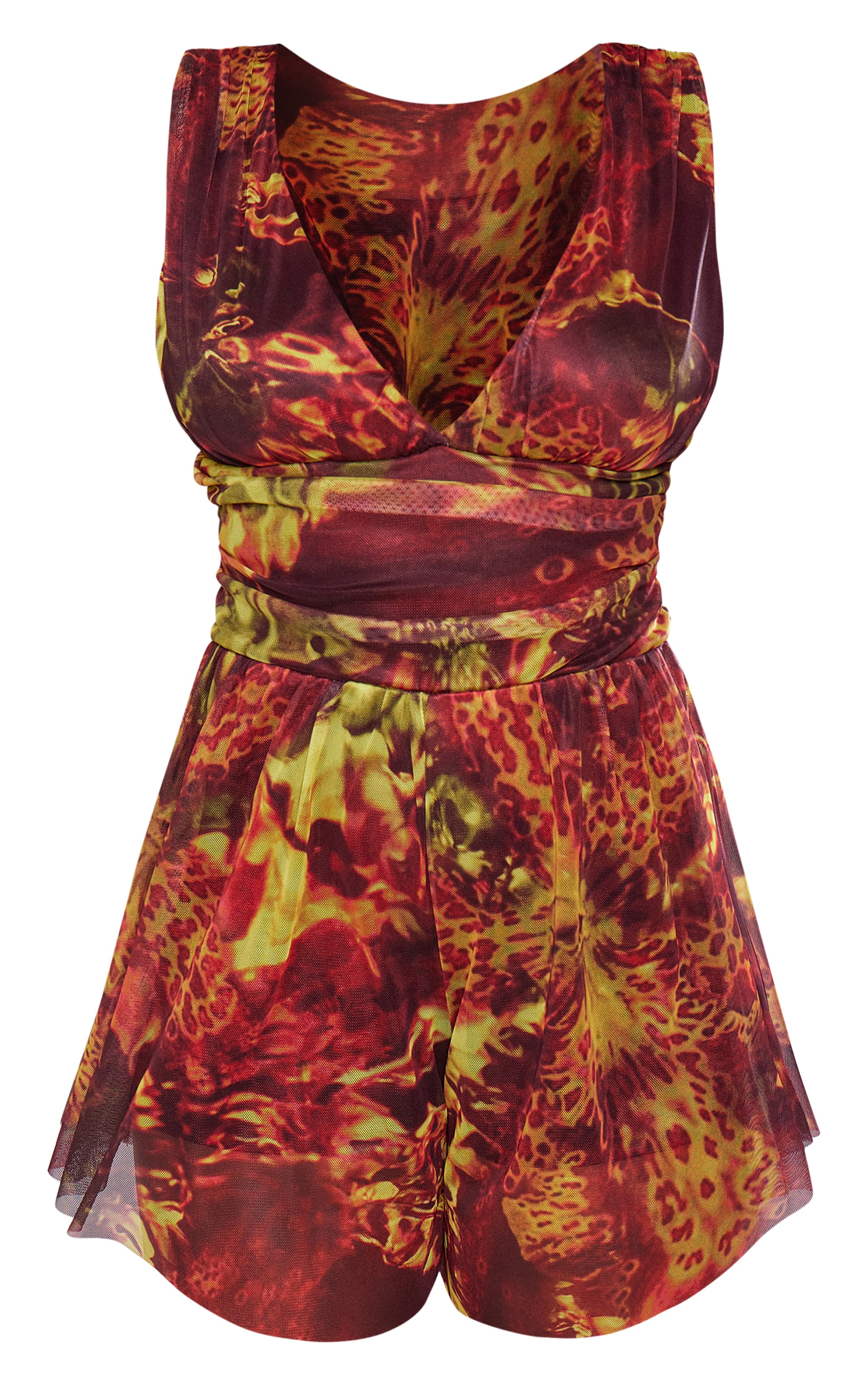 Brown Grunge Print Lined Mesh Plunge Floaty Romper image 5