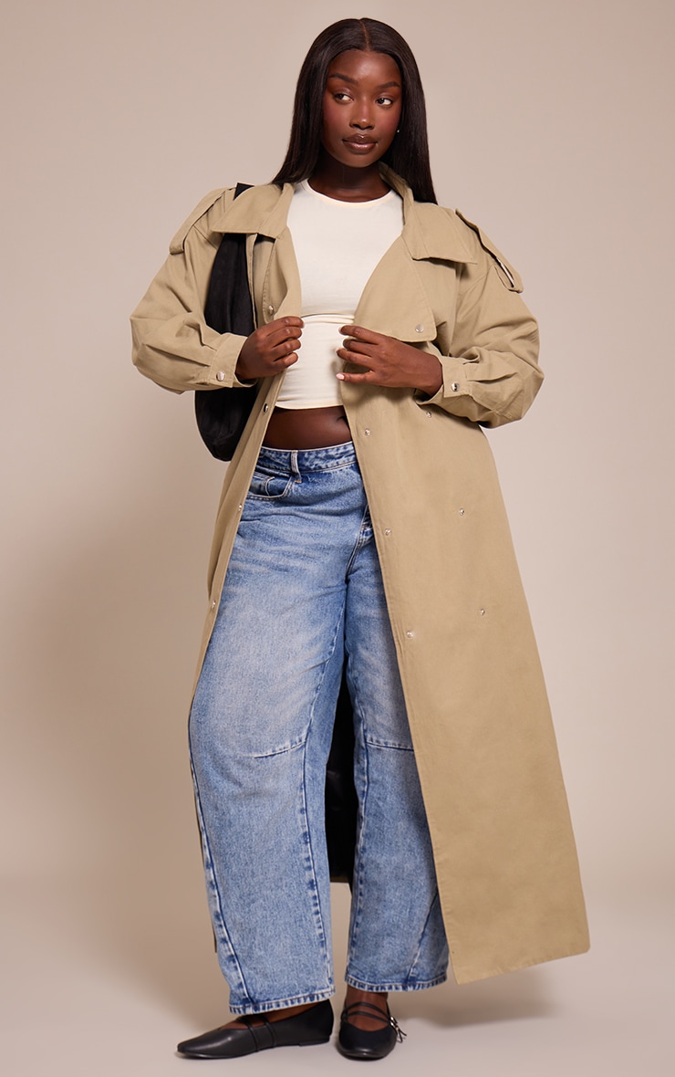 Plus Light Khaki Popper Detail Trench Coat image 3