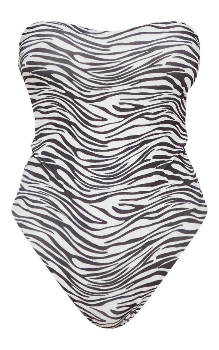 Black Zebra Strapless High Leg Swimsuit PrettyLittleThing