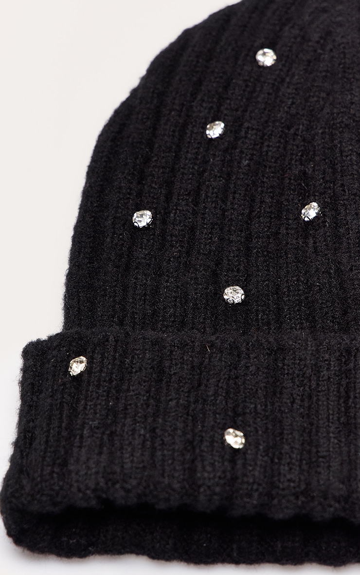Black Ribbed Diamante Fold Over Beanie image 3