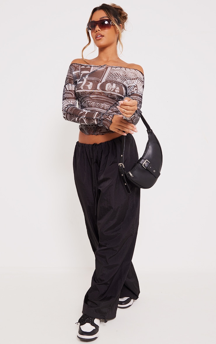 Charcoal Abstract Print Bardot Lettuce Hem Top image 3