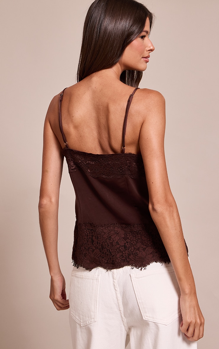 Chocolate Satin Button Up Lace Detail Cami image 2