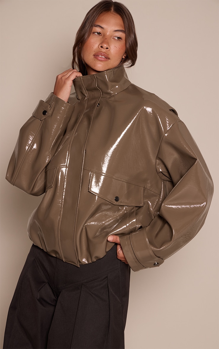 Olive High Shine Funnel Neck Jacket image 1