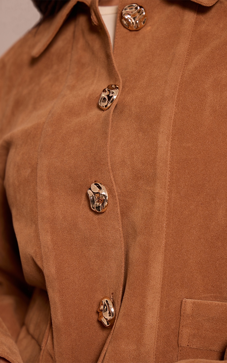 Petite Tan Suede Button Up Boxy Jacket image 4