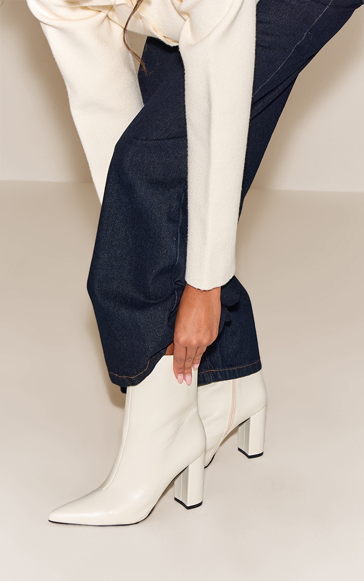 Cream Point Toe Block Heel Ankle Boot Footwear PLT KSA