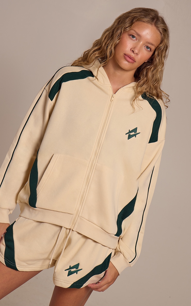 Cream Embroidered Graphic Contrast Zip Oversized Hoodie image 4