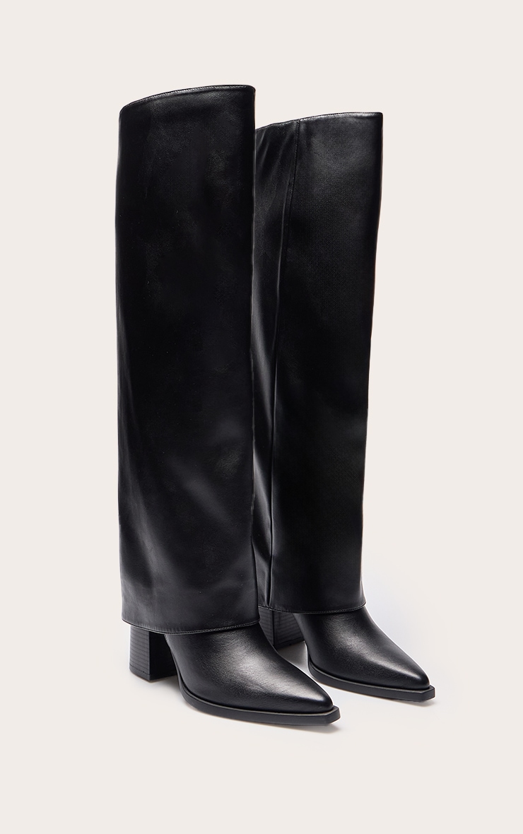 Bottes repliées en PU noir à talon carré image 3