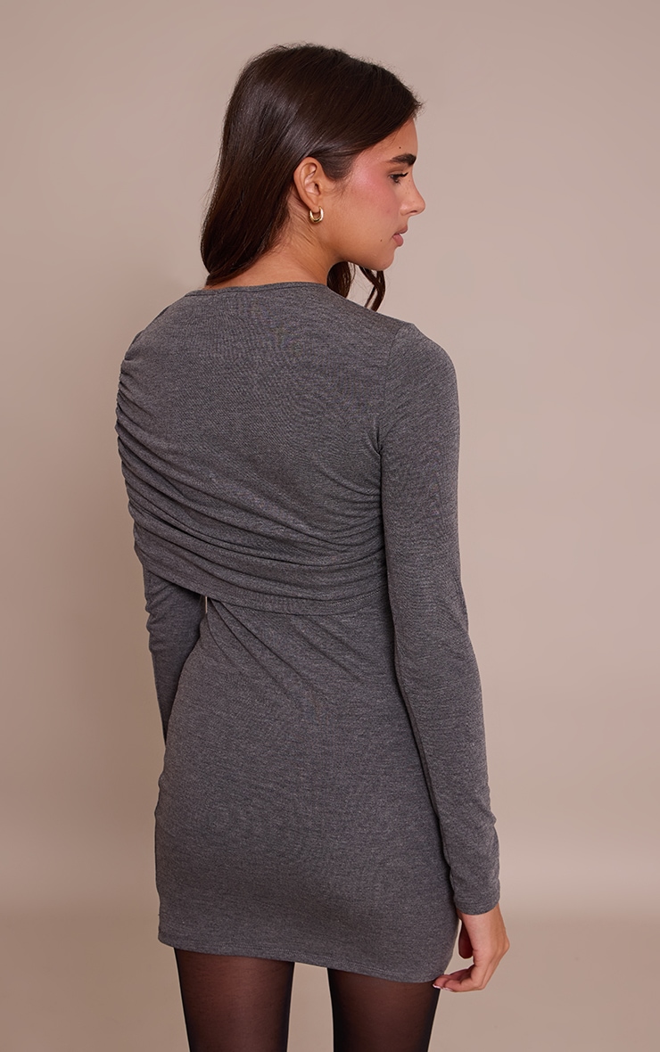 Charcoal Jersey Overlay Detail Long Sleeve Bodycon Dress image 2
