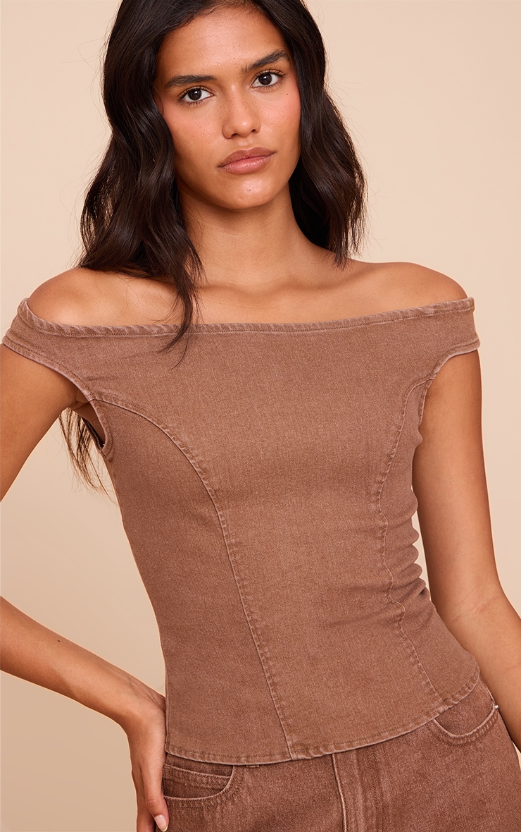 Brown Off The Shoulder Stretch Denim Top image 1