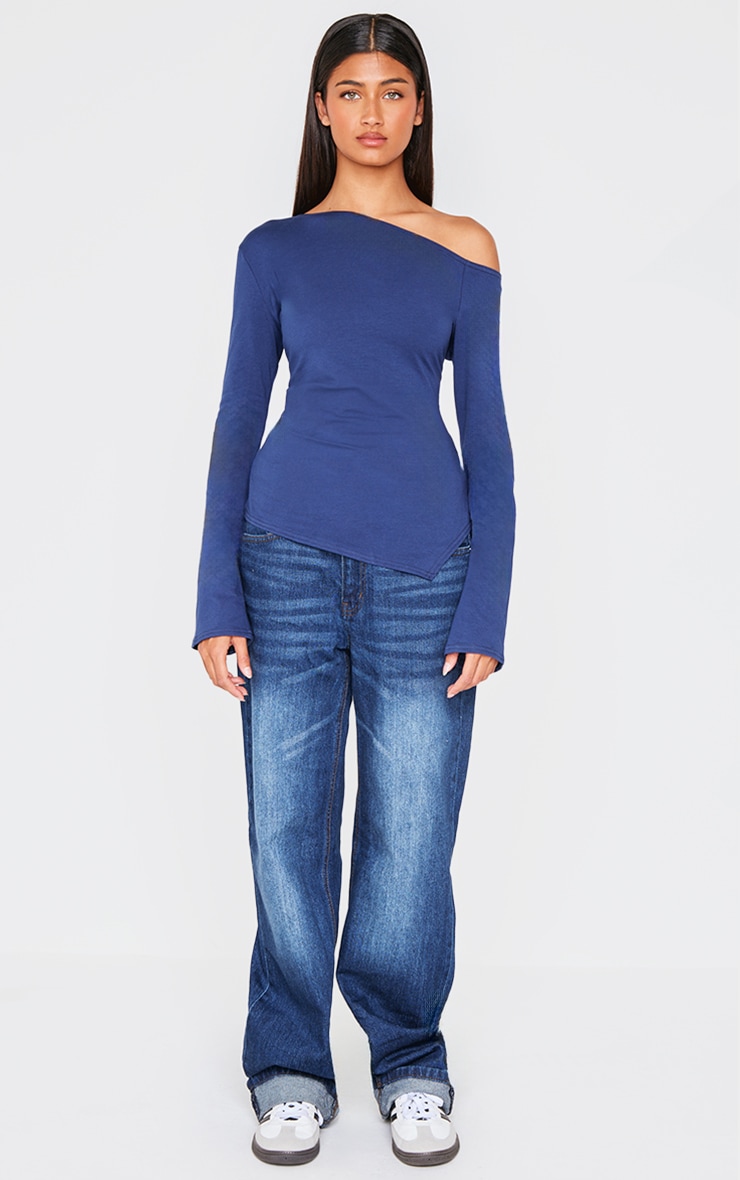 Navy Cotton Ruched Side Long Sleeve Top image 3