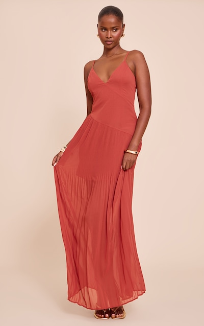 Burnt Orange Woven Pleated Hem Detail Spaghetti Maxi Dress