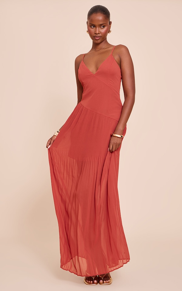 Burnt Orange Woven Pleated Hem Detail Spaghetti Maxi Dress