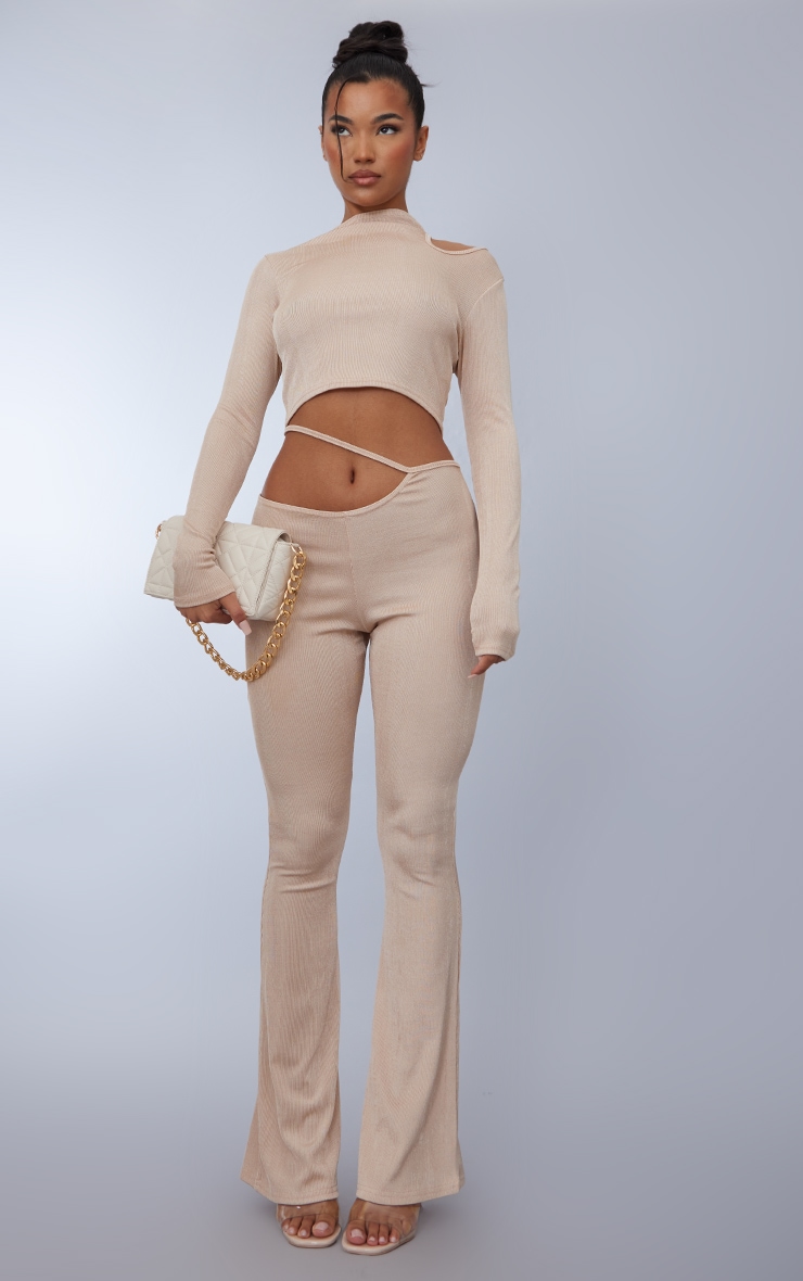 Crop top bandage en acétate côtelé sable à épaule dénudée image 3
