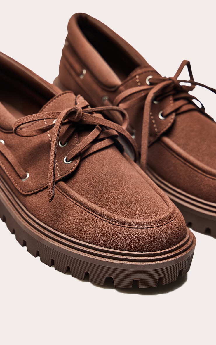 Chocolate Faux Suede Platform Boat Loafers image 5