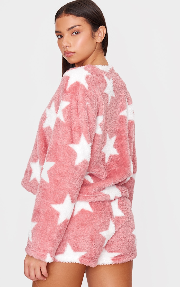 Pink Star Print Fleece Long Sleeve Pj Top image 2