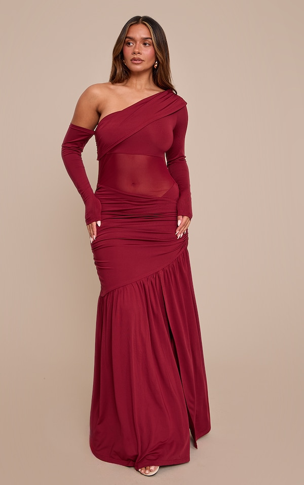 Shape Burgundy Mesh Detail Bardot Asym Maxi Dress