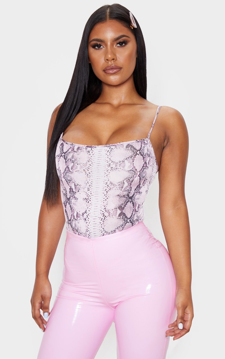 Pink Snake Straight Neck Print Bodysuit