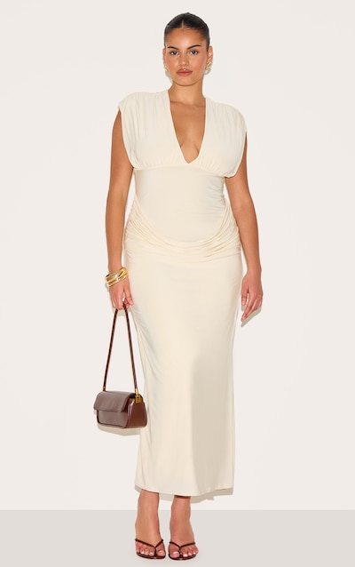 Plus Cream Double Layer Plunge Ruched Shoulder Drape Waist Maxi Dress