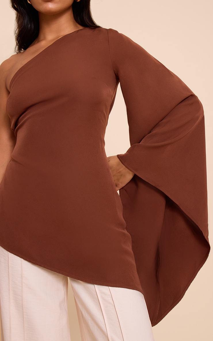 Chocolate Woven Asymmetric Flare Sleeve Long Top image 4