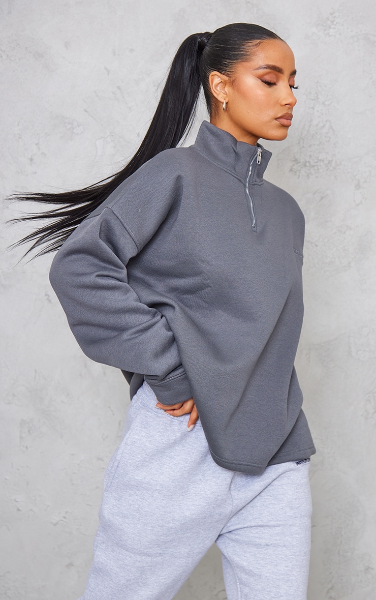 Charcoal Oversized Half Zip High Neck Sweatshirt image 3