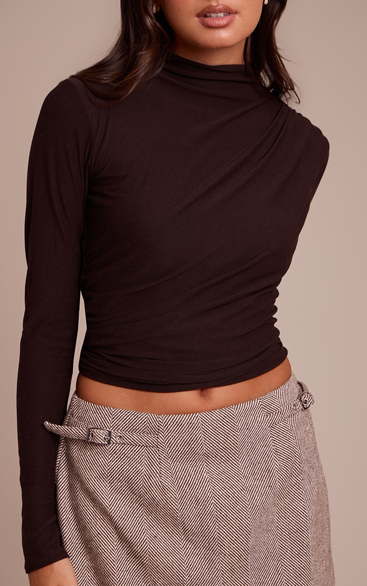 Dark Chocolate Soft Touch High Neck Ruched Detail Long Sleeve Top  image 4