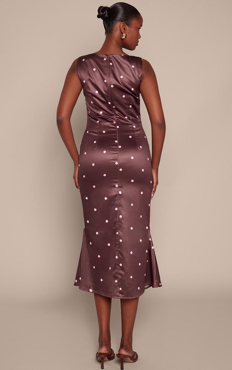 Brown Polka Dot Satin Boat Neck Fishtail Midaxi Dress image 2