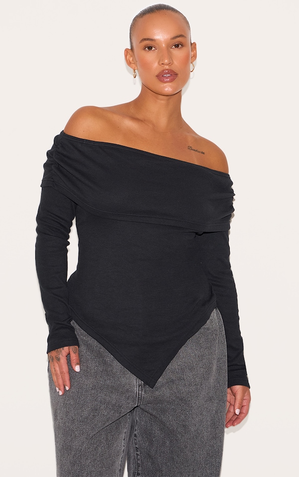 Plus Black Fold Over Dip Hem Top