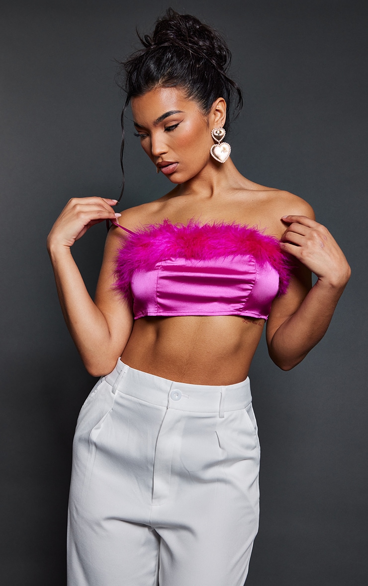 Hot Pink Feather Trim Crop Top image 1