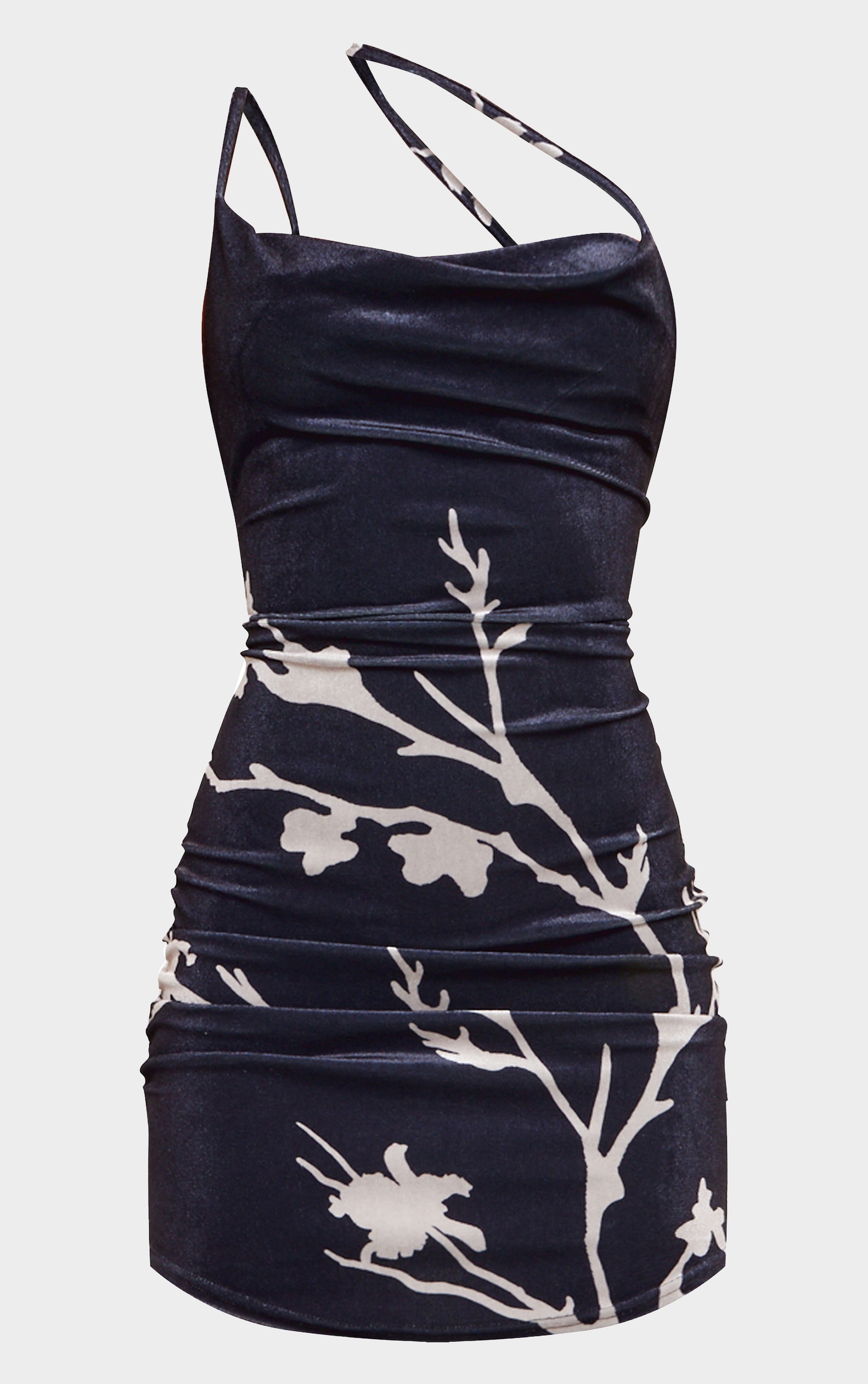 Robe moulante en velour noir asymétrique fleuri à bretelles et col bénitier image 5