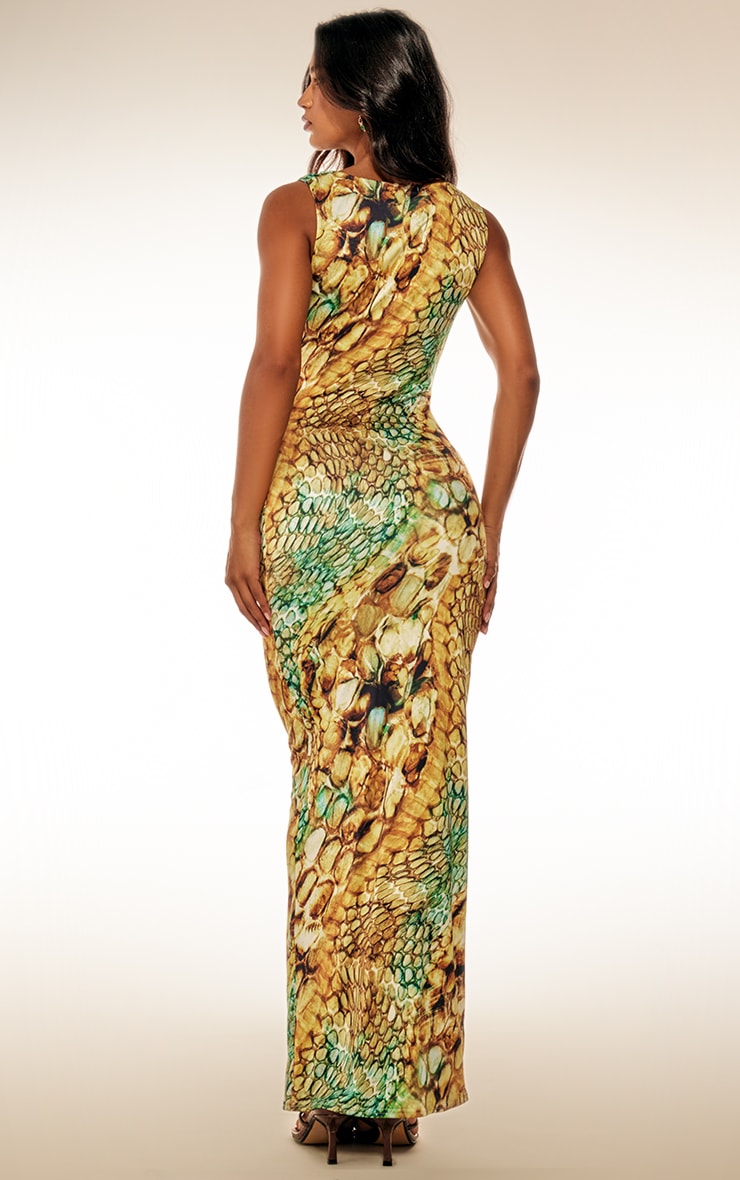 Robe moulante longue multicolore imprimé serpent abstrait à empiècement et parties superposées image 2