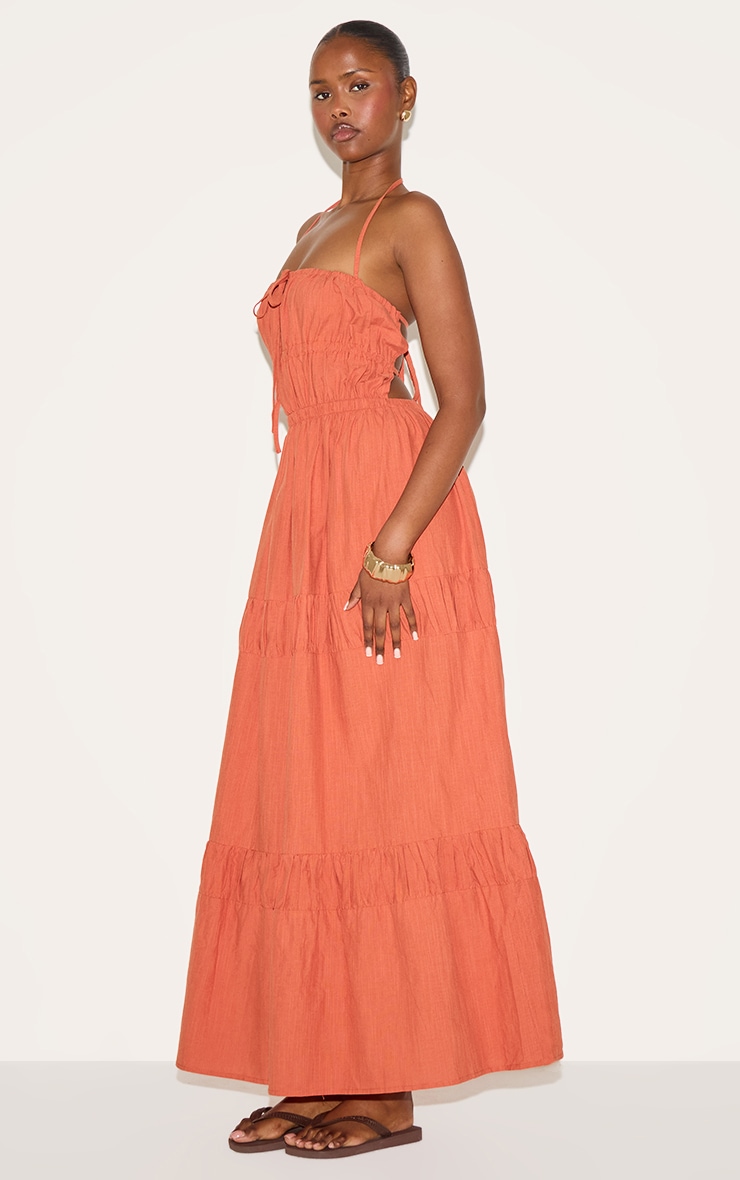 Rust Ruched Backless Strappy Maxi Dress image 3