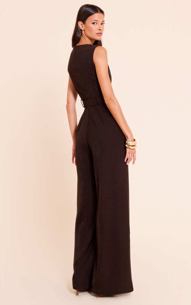 Chocolate Woven Boat Neck Straight Leg Jumpsuit image 2