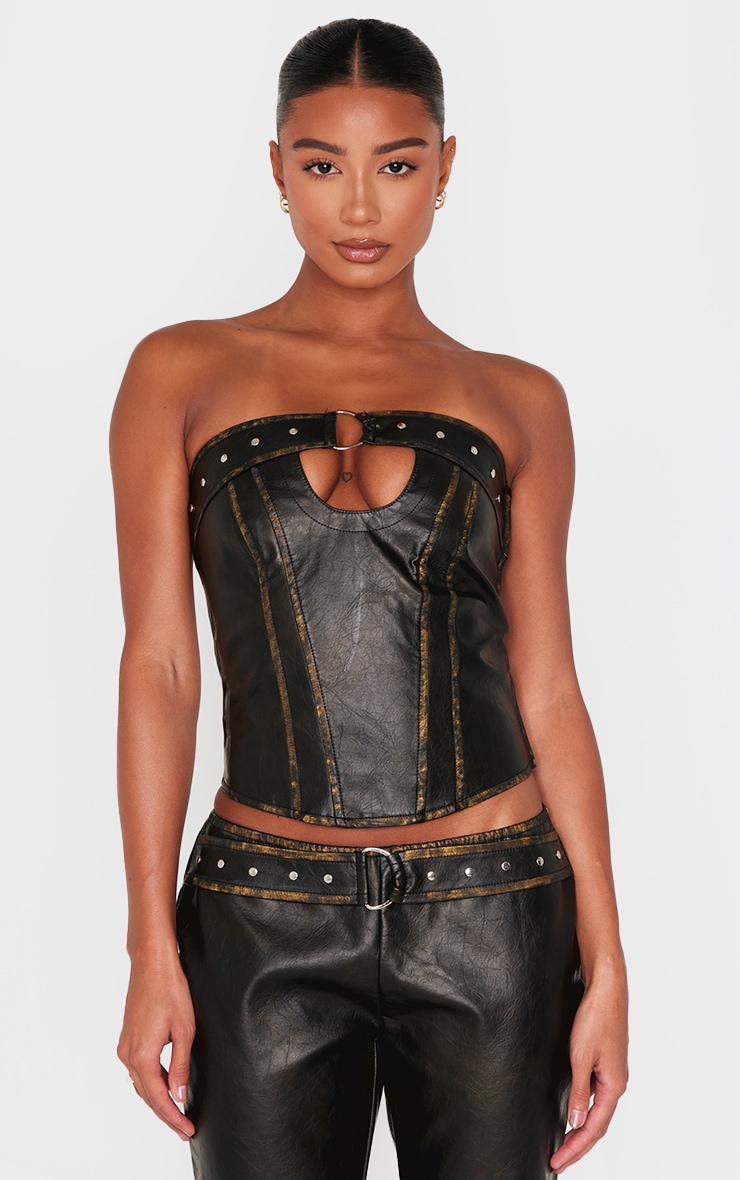 Brown Washed Faux Leather Belted Trim Corset image 1