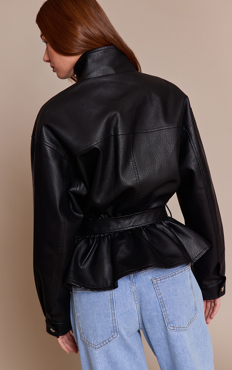 Black Drop Waist Belted Faux Leather Jacket image 2