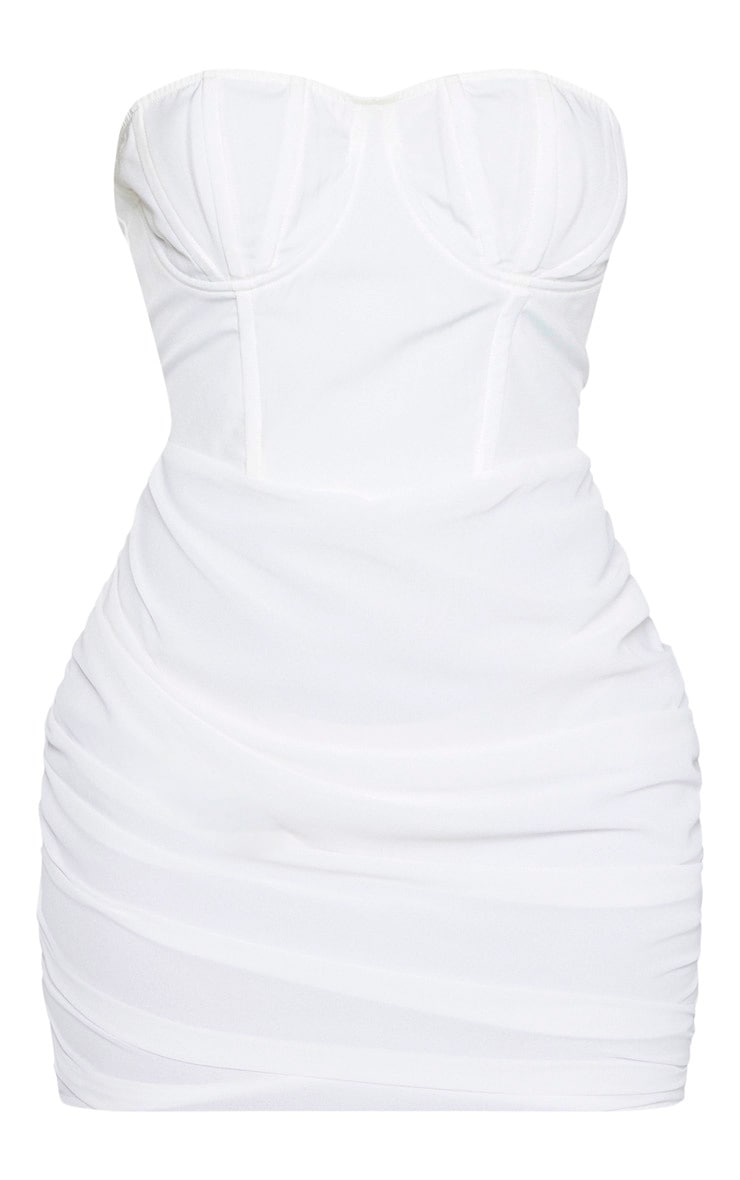 White Bandeau Binded Cup Detail Ruched Bodycon Dress image 3