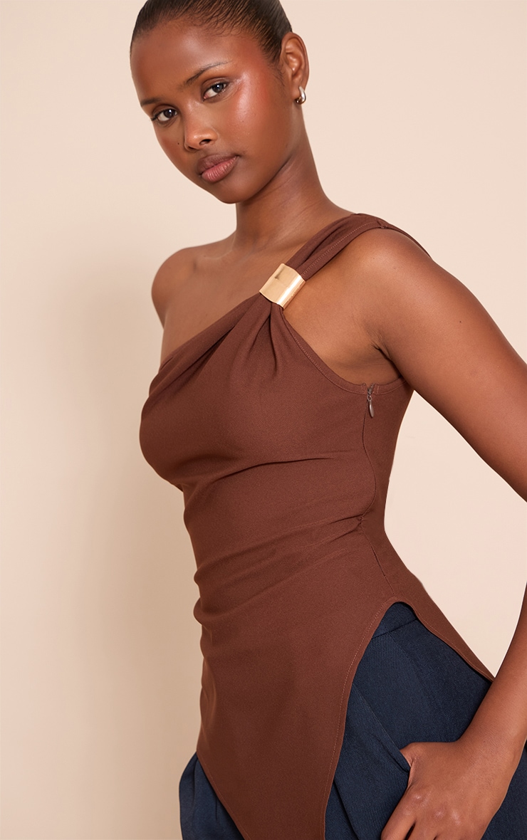 Dark Chocolate Asymmetric One Shoulder Trim Detail Long Top image 4