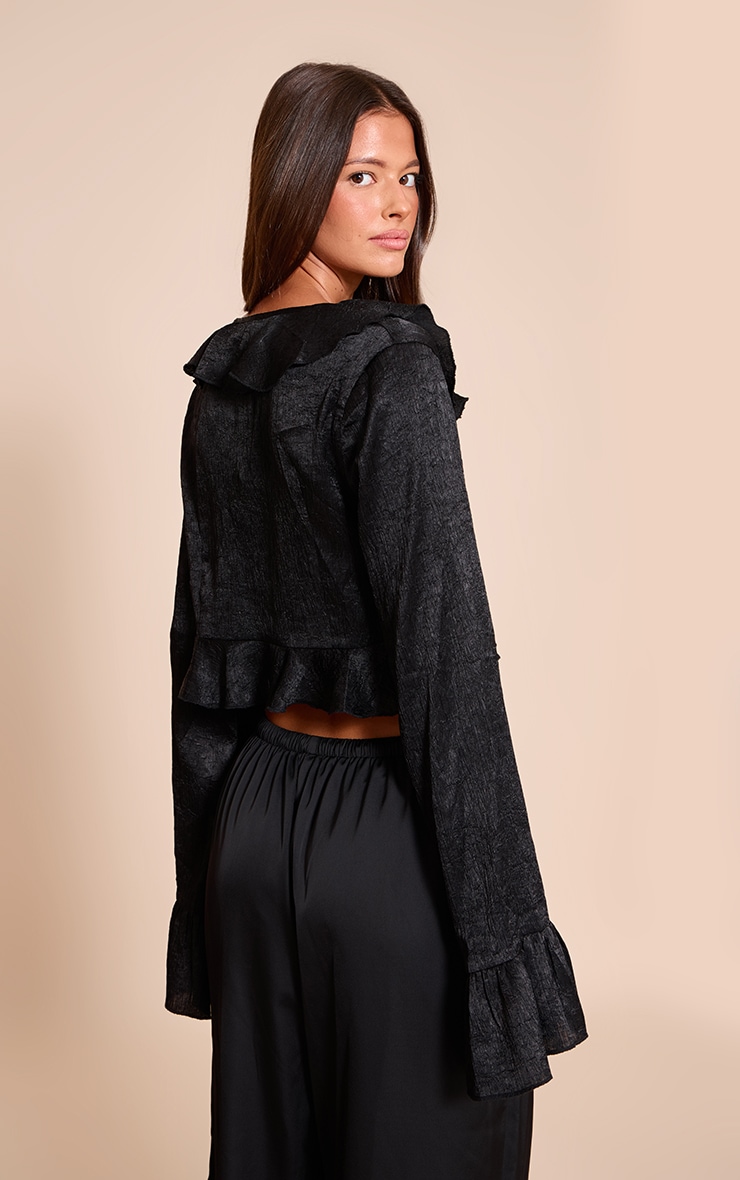 Black Textured Satin Frill Detail Tie Front Cropped Top image 2