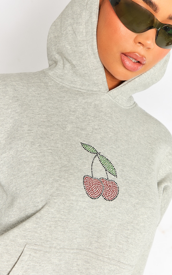 Grey Cherry Hotfix Oversized Hoodie Tops PrettyLittleThing