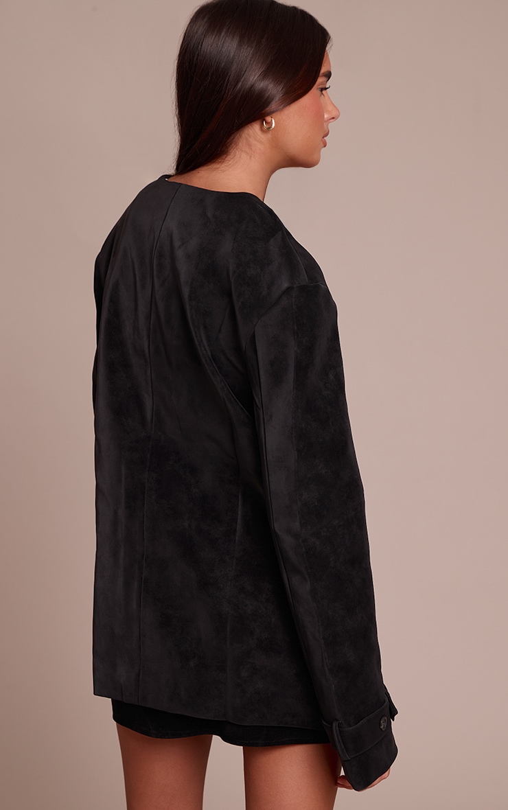 Black Collarless Button Detail Faux Suede  Jacket image 2